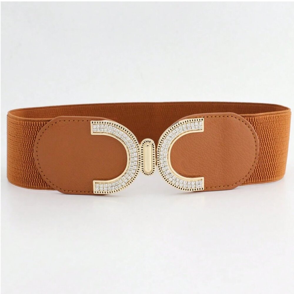 Rhinestone Buckle With Elastic Waist Belt Brown